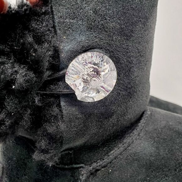 UGG Bailey Button Bling Boots Womens 7 Black Suede Sheepskin Lined Shoes WORN - Picture 10 of 13